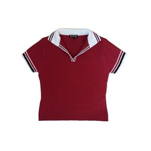 Digital Y2K Crinkle Red Knit Polo Top with Contrast Collar